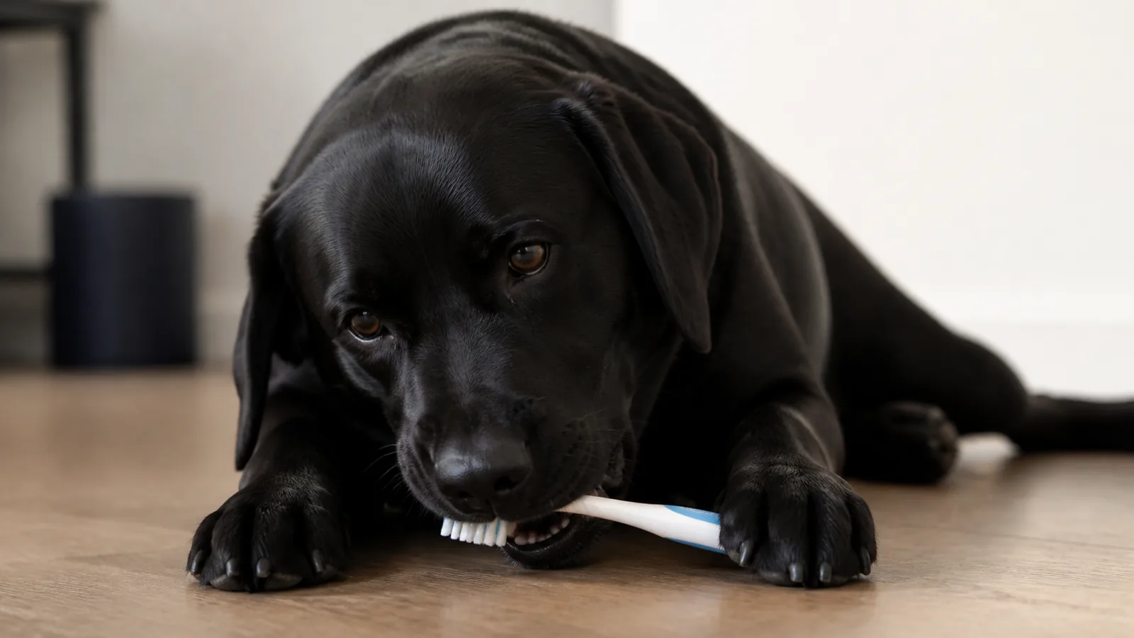 Black Labrador Retriever indoors, laying and sniffing or chewing on a toothbrush on the floor.