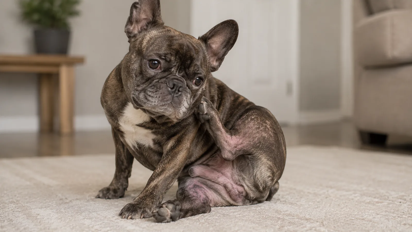 French Bulldog sitting indoors, gently scratching its side or paw, showing subtle signs of skin irritation.