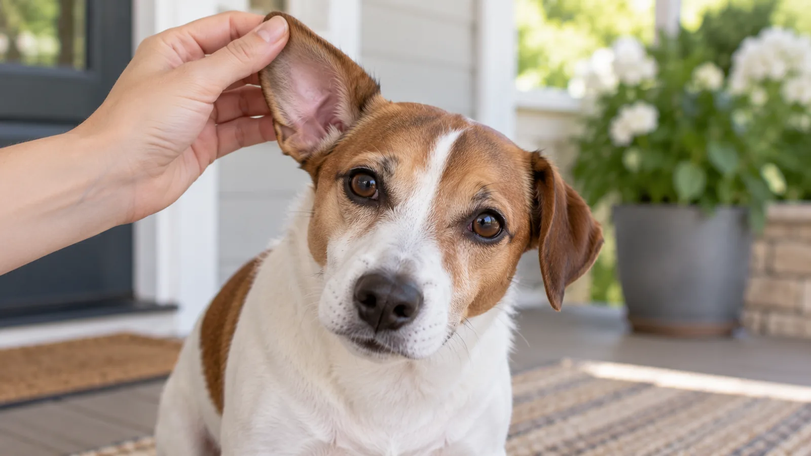 A hand lifting the ear flap of a small brown and white dog sitting on a sunny front porch.