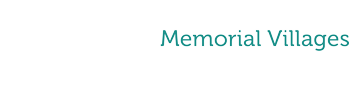 Text "memorial villages" in teal, written in a simple, modern font on a white background, specializing in pet rehabilitation.