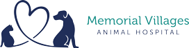 Logo of Memorial Villages Animal Hospital featuring a stylized graphic of a veterinarian and a dog forming a heart shape, emphasizing veterinary care in Houston with the text in teal and dark blue colors.